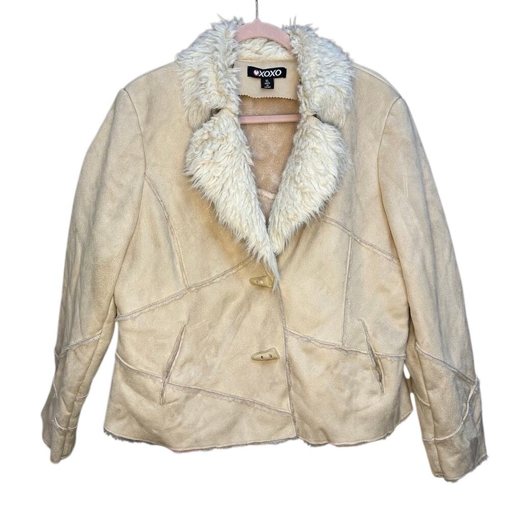 XOXO Beige Faux Suede Faux Fur Long Sleeve Button Up Jacket Coat Size XL‎ y2k